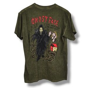 Ghost Face Mens Olive Green Acid Wash Graphic T-Shirt Scream Horror Movie Size M